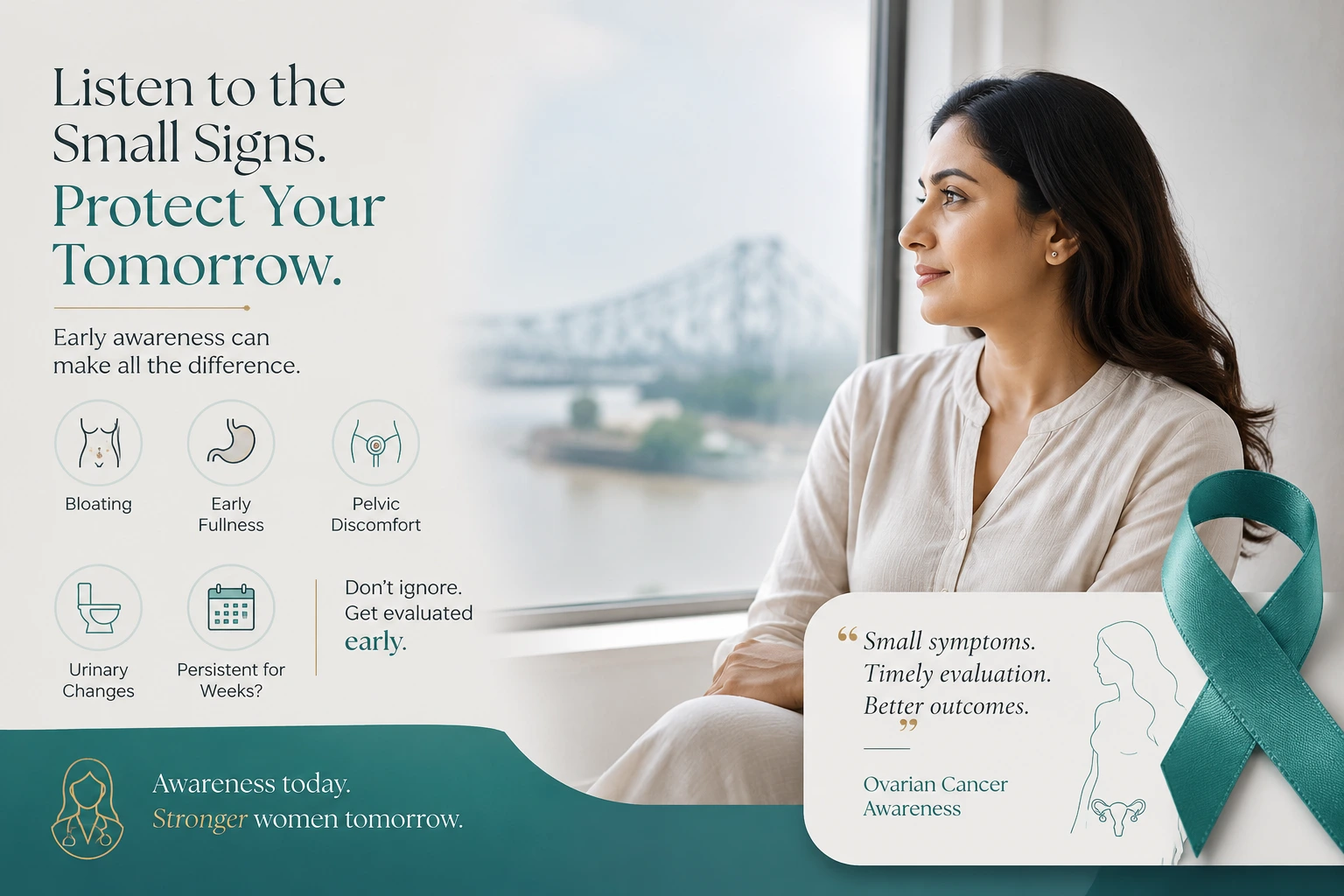 Ovarian Cancer Awareness — Listen to the Small Signs. Protect Your Tomorrow. Early symptoms include bloating, early fullness, pelvic discomfort and urinary changes.